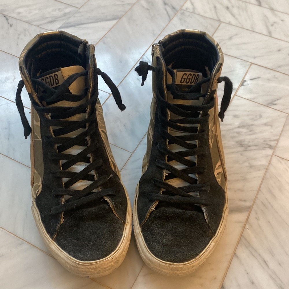 Golden Goose High-Top Sneakers in Black, Tan & Red - Picture 2 of 12